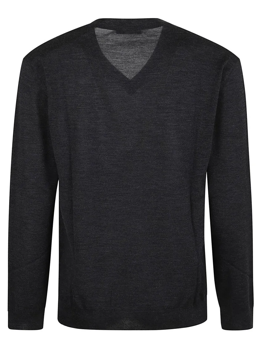Light Pure Wool Sweater With V-Neck And Ribbed Elastic Profiles