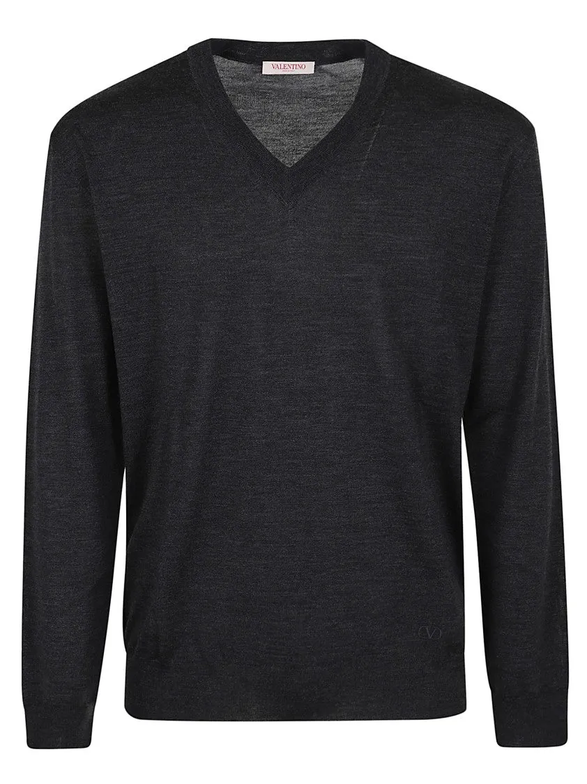 Light Pure Wool Sweater With V-Neck And Ribbed Elastic Profiles