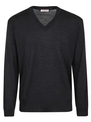 Light Pure Wool Sweater With V-Neck And Ribbed Elastic Profiles