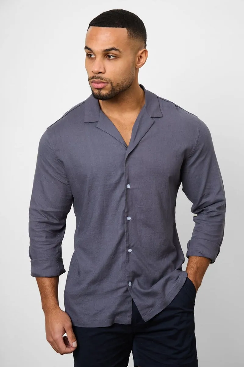 Linen Blend Cuban Collar Shirt in Denim