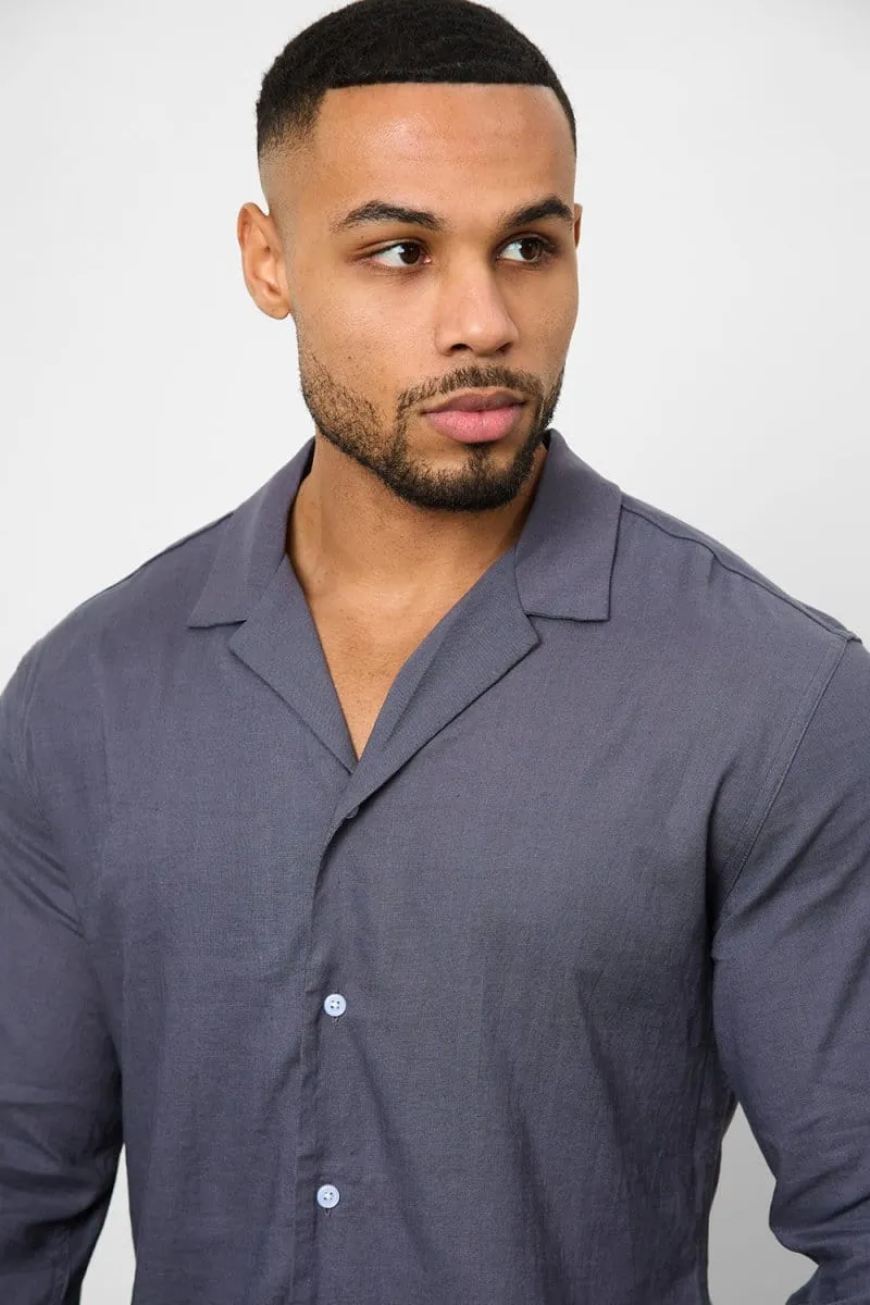 Linen Blend Cuban Collar Shirt in Denim