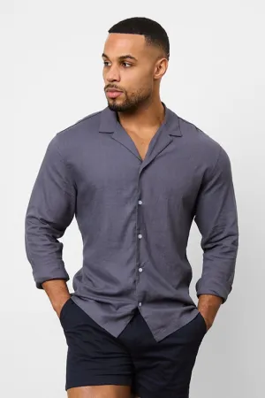 Linen Blend Cuban Collar Shirt in Denim