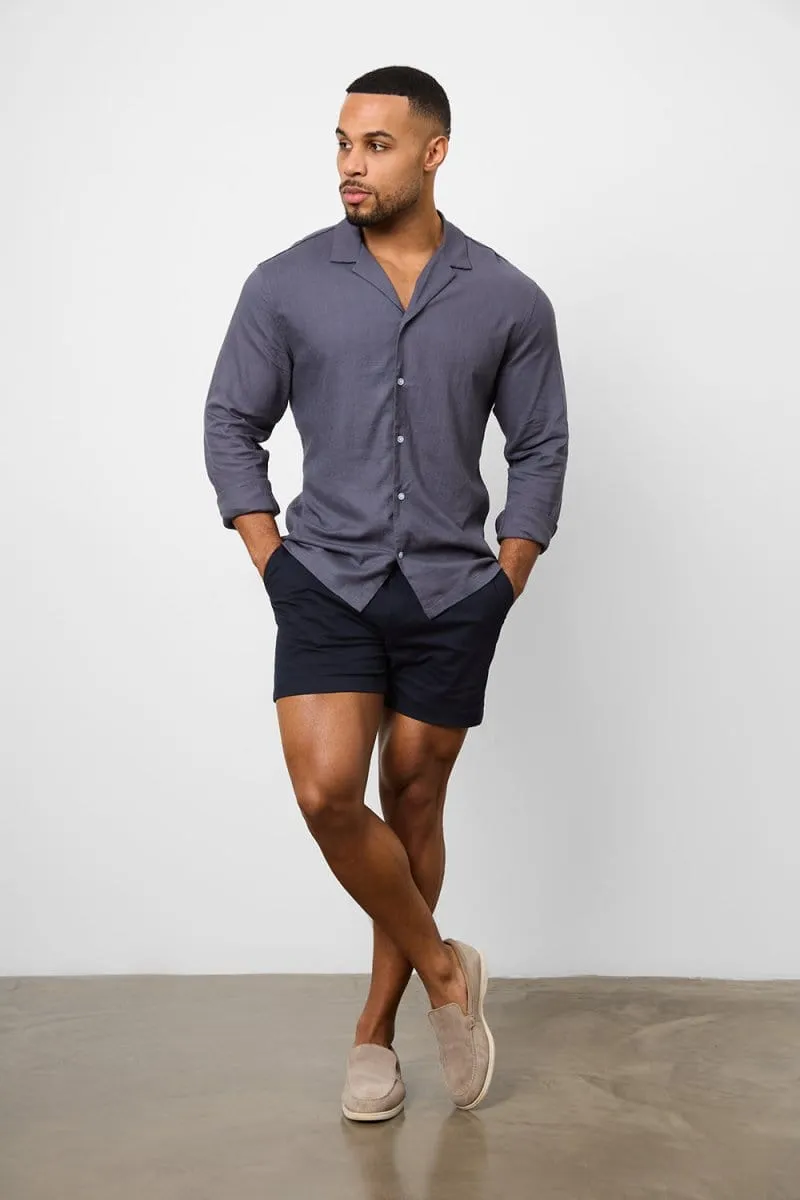 Linen Blend Cuban Collar Shirt in Denim