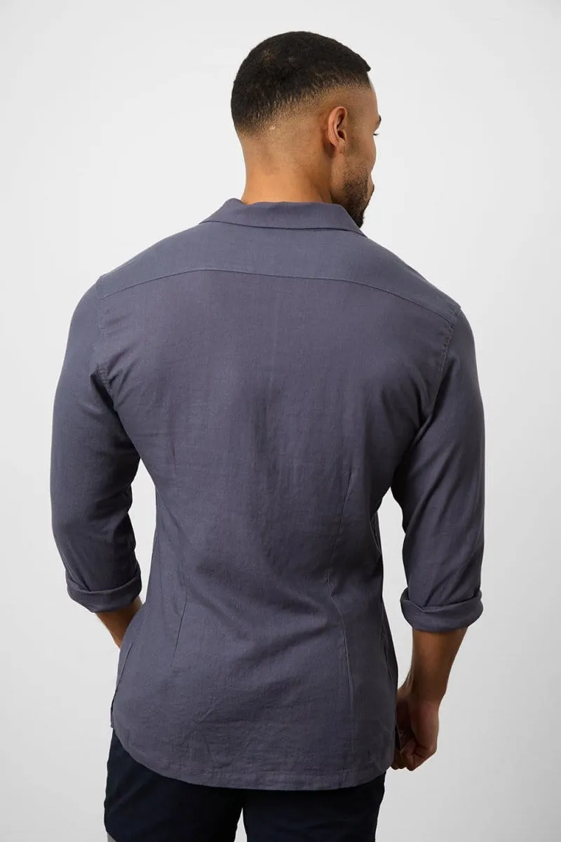 Linen Blend Cuban Collar Shirt in Denim