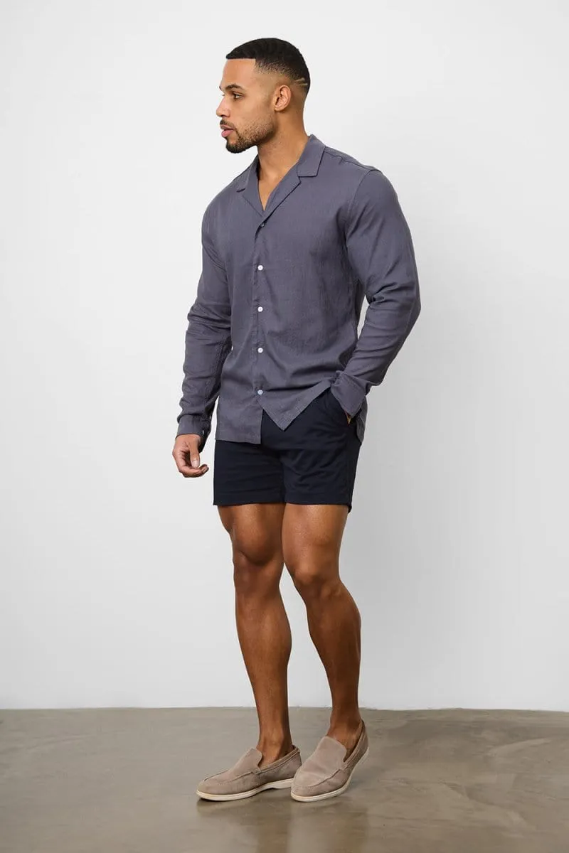 Linen Blend Cuban Collar Shirt in Denim