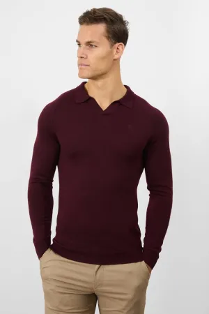 Merino Wool Buttonless Open Collar Polo Shirt in Claret