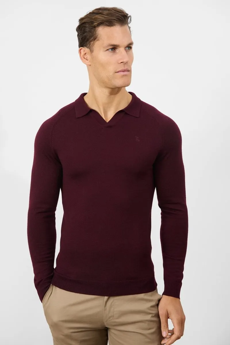 Merino Wool Buttonless Open Collar Polo Shirt in Claret