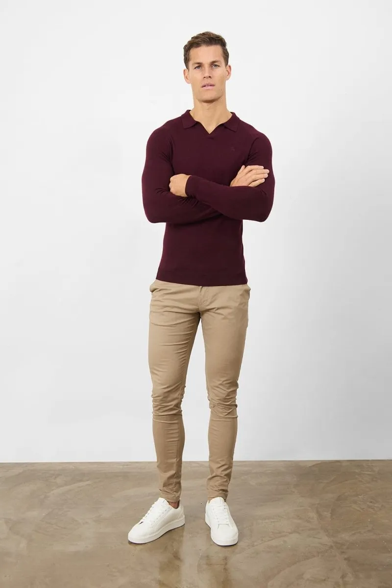 Merino Wool Buttonless Open Collar Polo Shirt in Claret