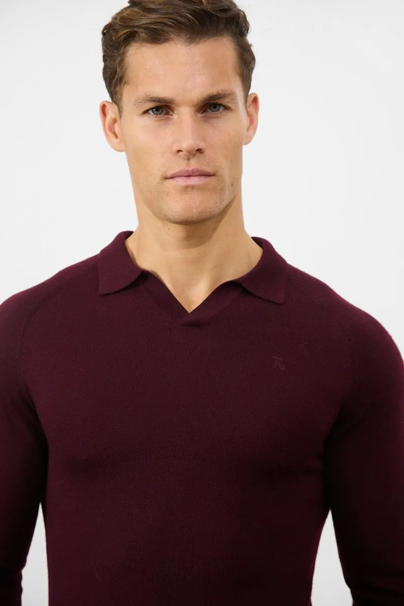 Merino Wool Buttonless Open Collar Polo Shirt in Claret
