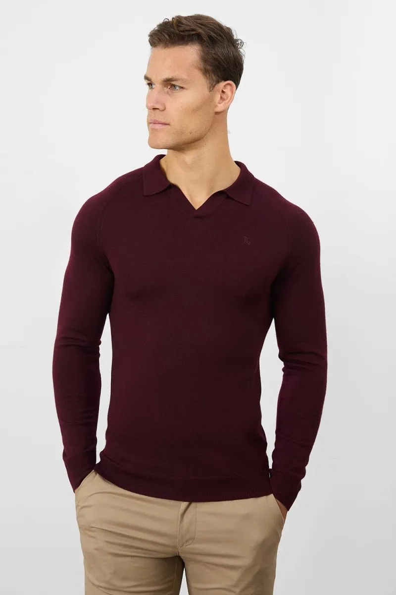 Merino Wool Buttonless Open Collar Polo Shirt in Claret