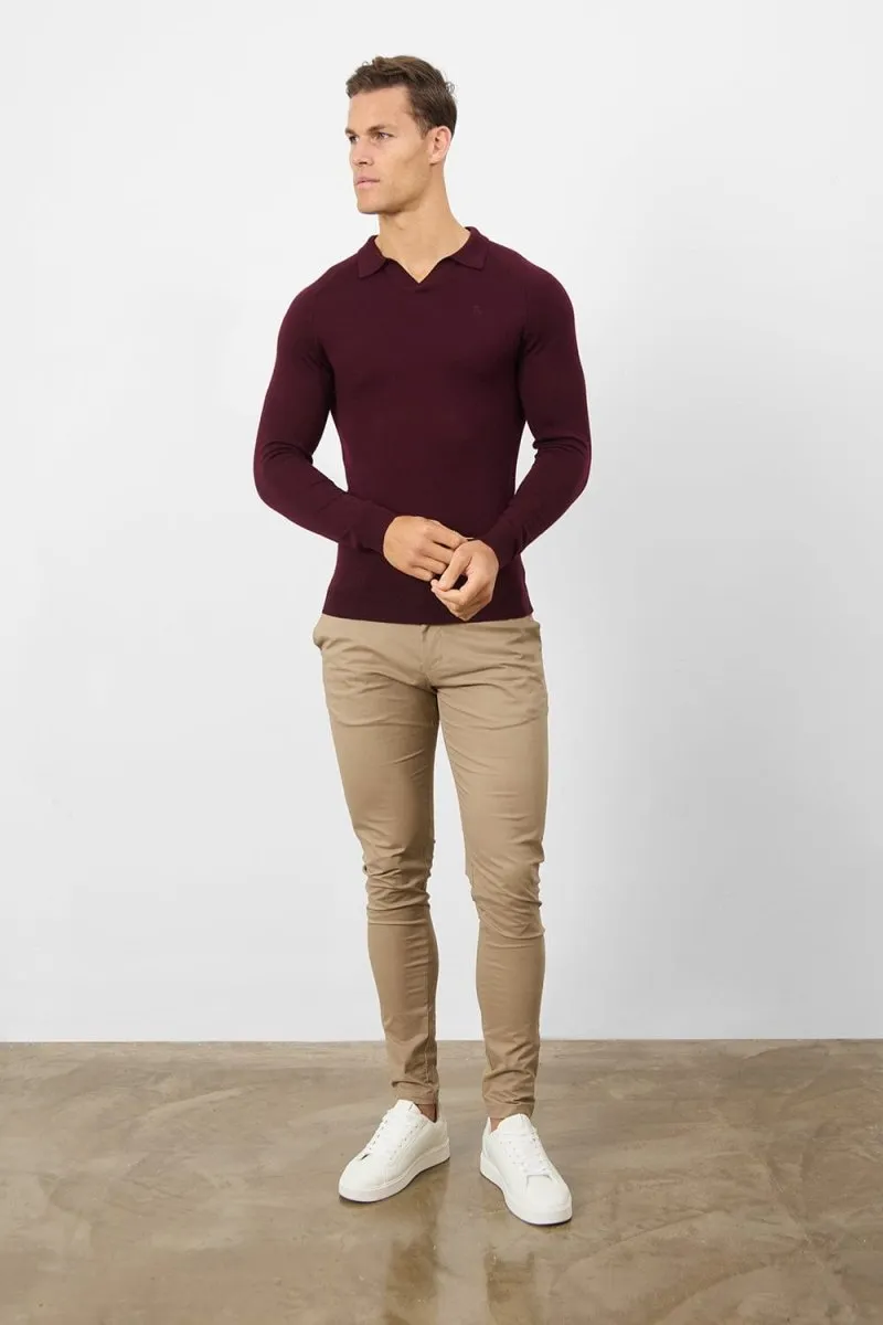Merino Wool Buttonless Open Collar Polo Shirt in Claret