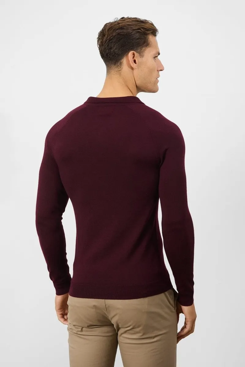 Merino Wool Buttonless Open Collar Polo Shirt in Claret