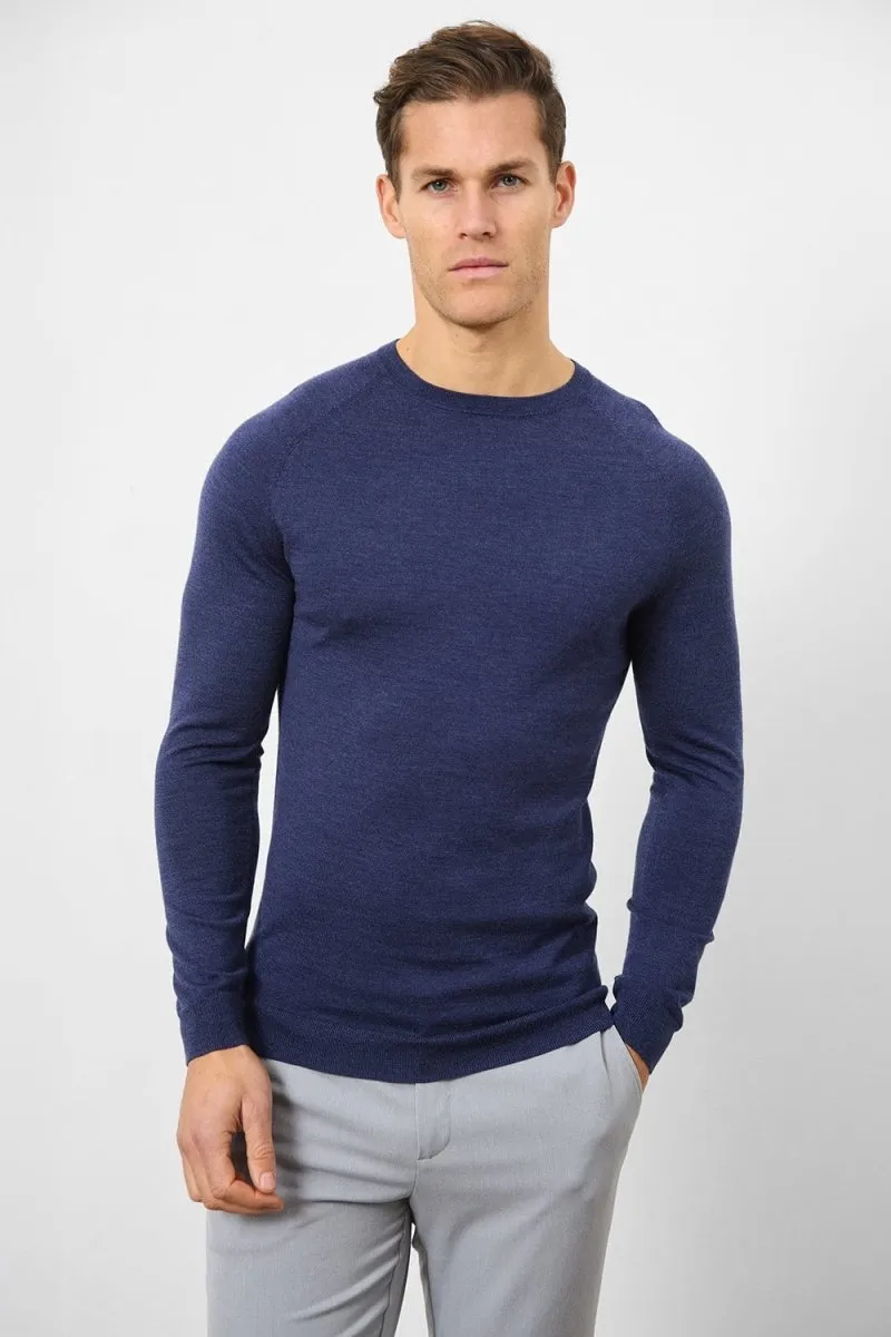 Merino Wool Crew Neck Sweater in Airforce
