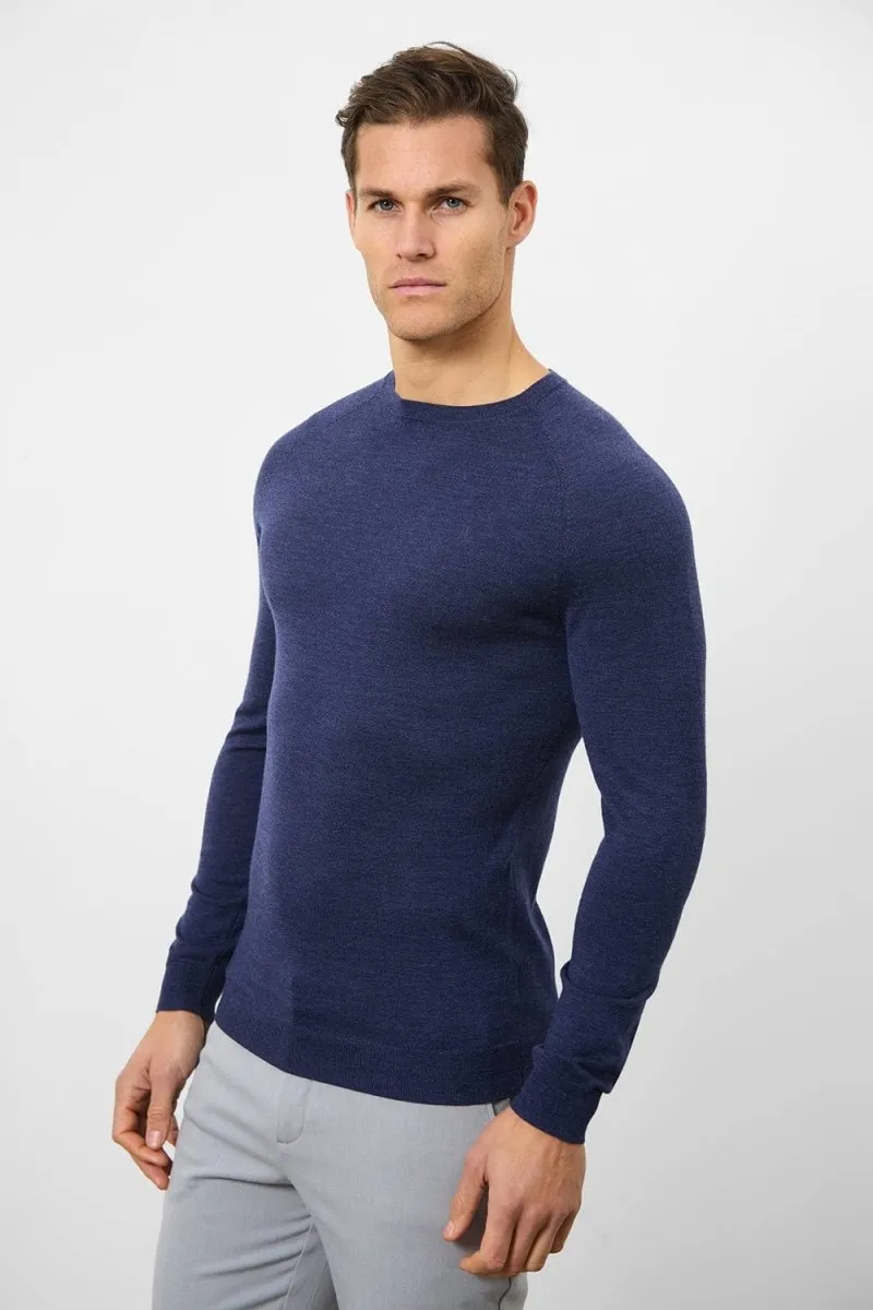 Merino Wool Crew Neck Sweater in Airforce