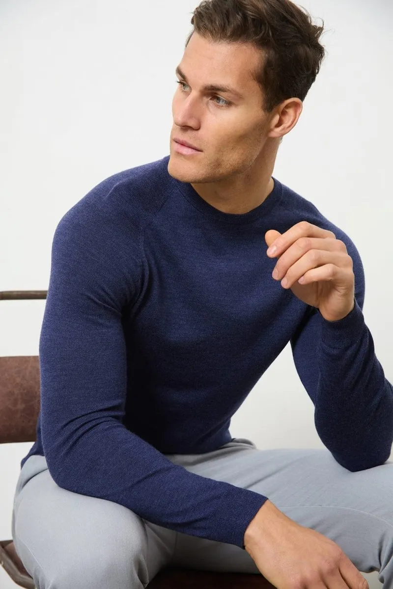 Merino Wool Crew Neck Sweater in Airforce