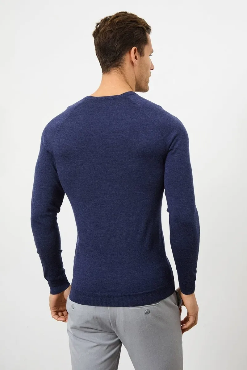 Merino Wool Crew Neck Sweater in Airforce