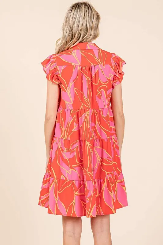 Mittoshop Leaf Print Ruffle Sleeve Tiered Mini Dress