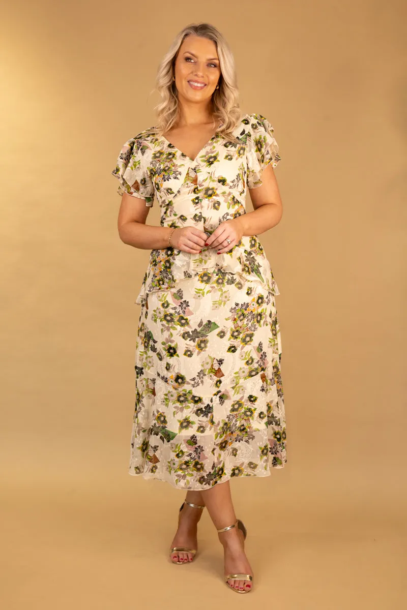 Nellie Cream & Green Ruffle Print Dress