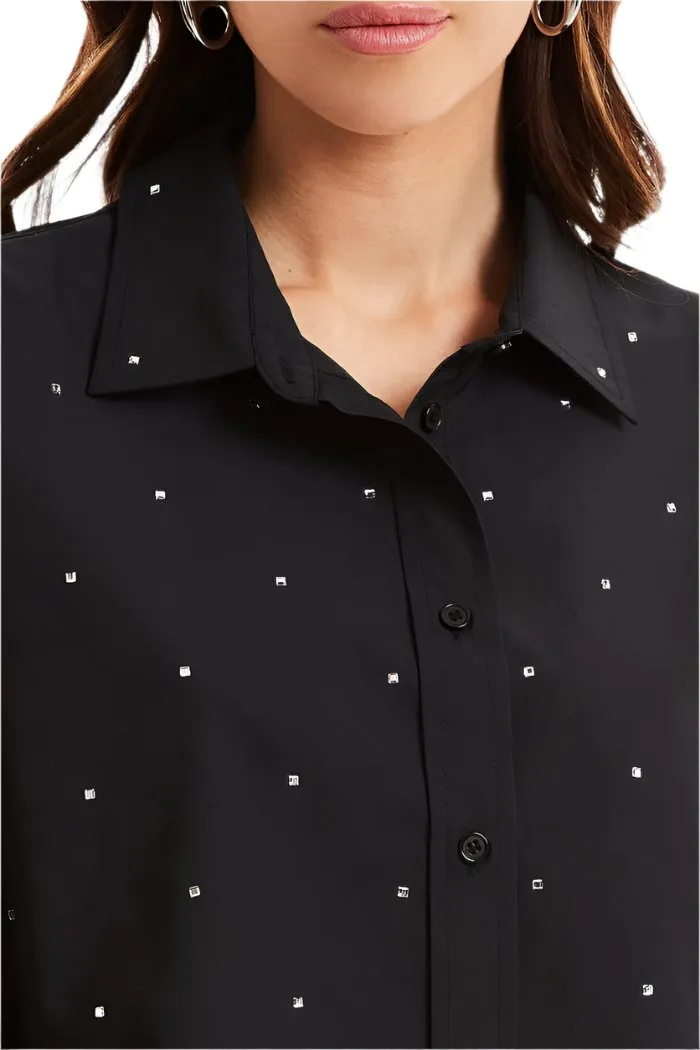 Noli Cropped Button Up Embellished Black Crystal  Top