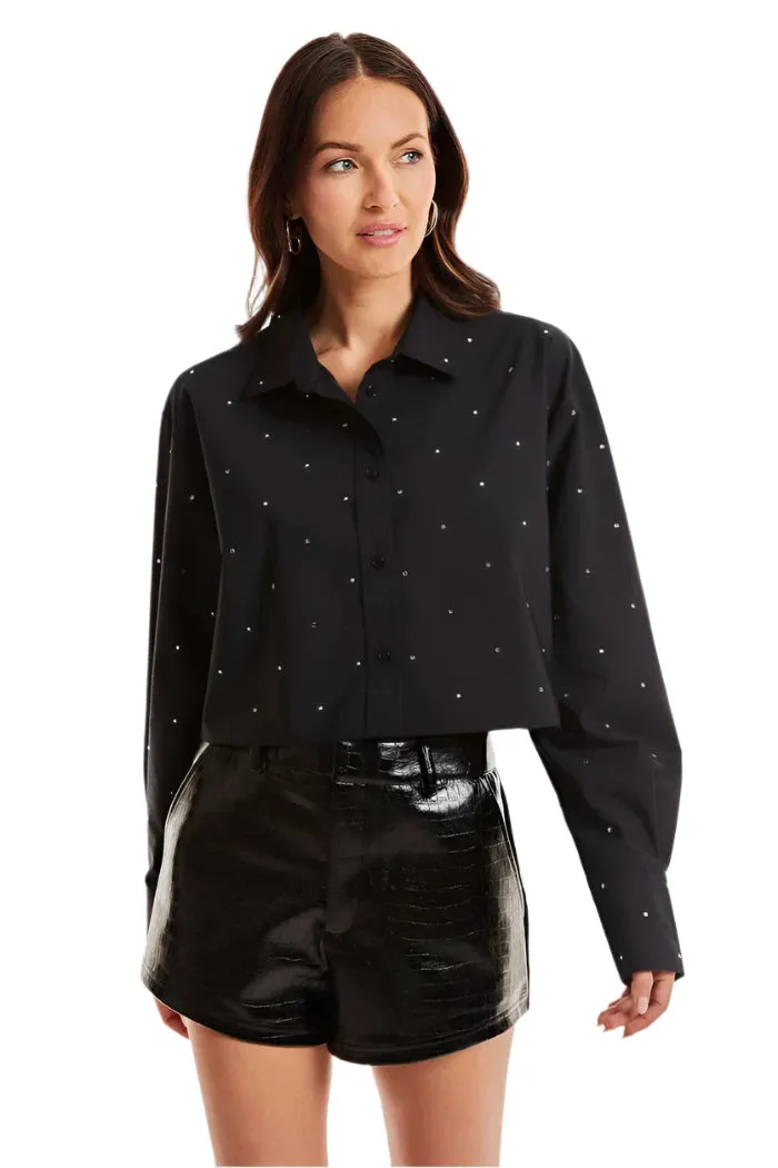 Noli Cropped Button Up Embellished Black Crystal  Top