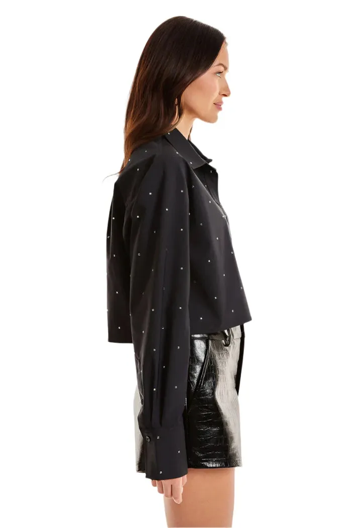 Noli Cropped Button Up Embellished Black Crystal  Top