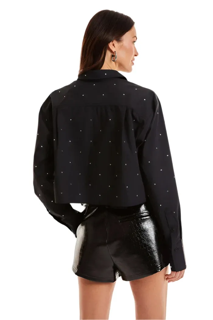 Noli Cropped Button Up Embellished Black Crystal  Top