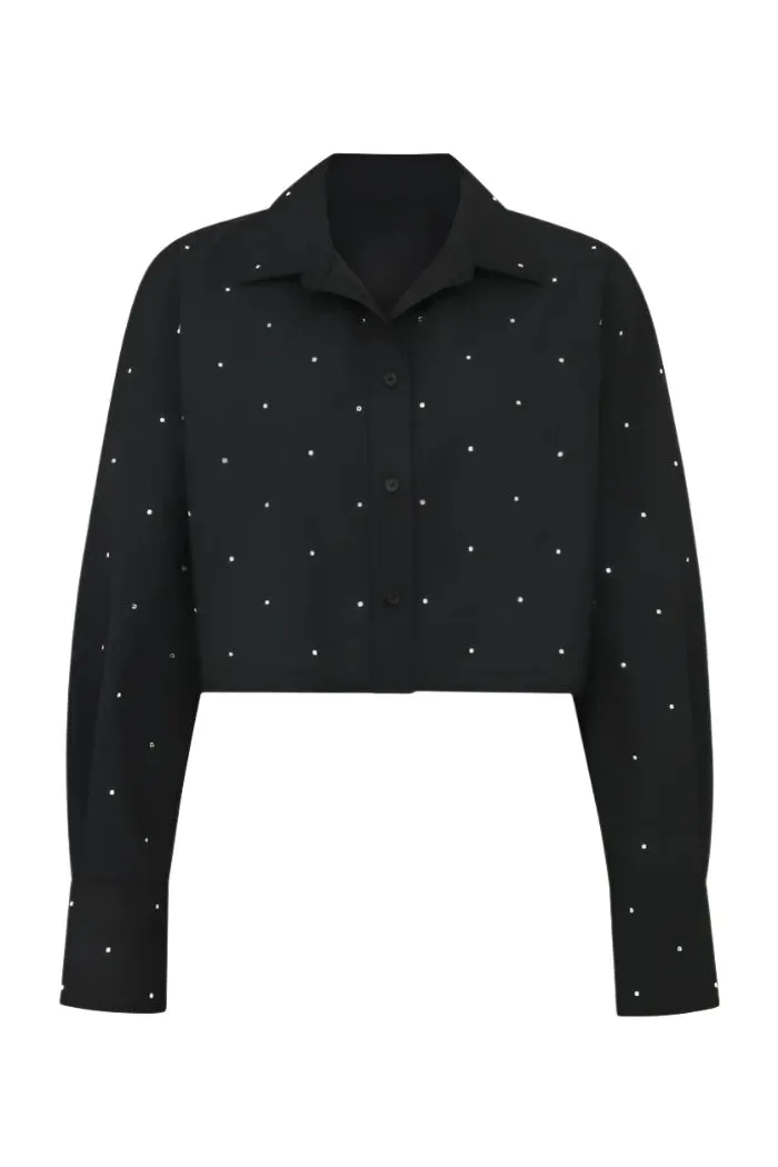 Noli Cropped Button Up Embellished Black Crystal  Top