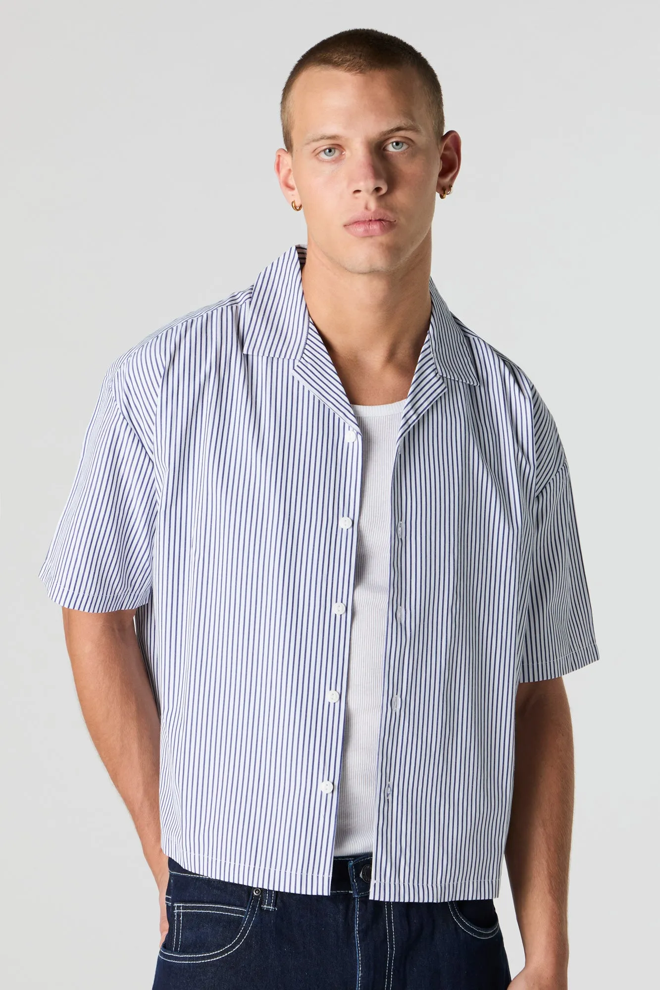 Pinstriped Boxy Short Sleeve Button-Up Top