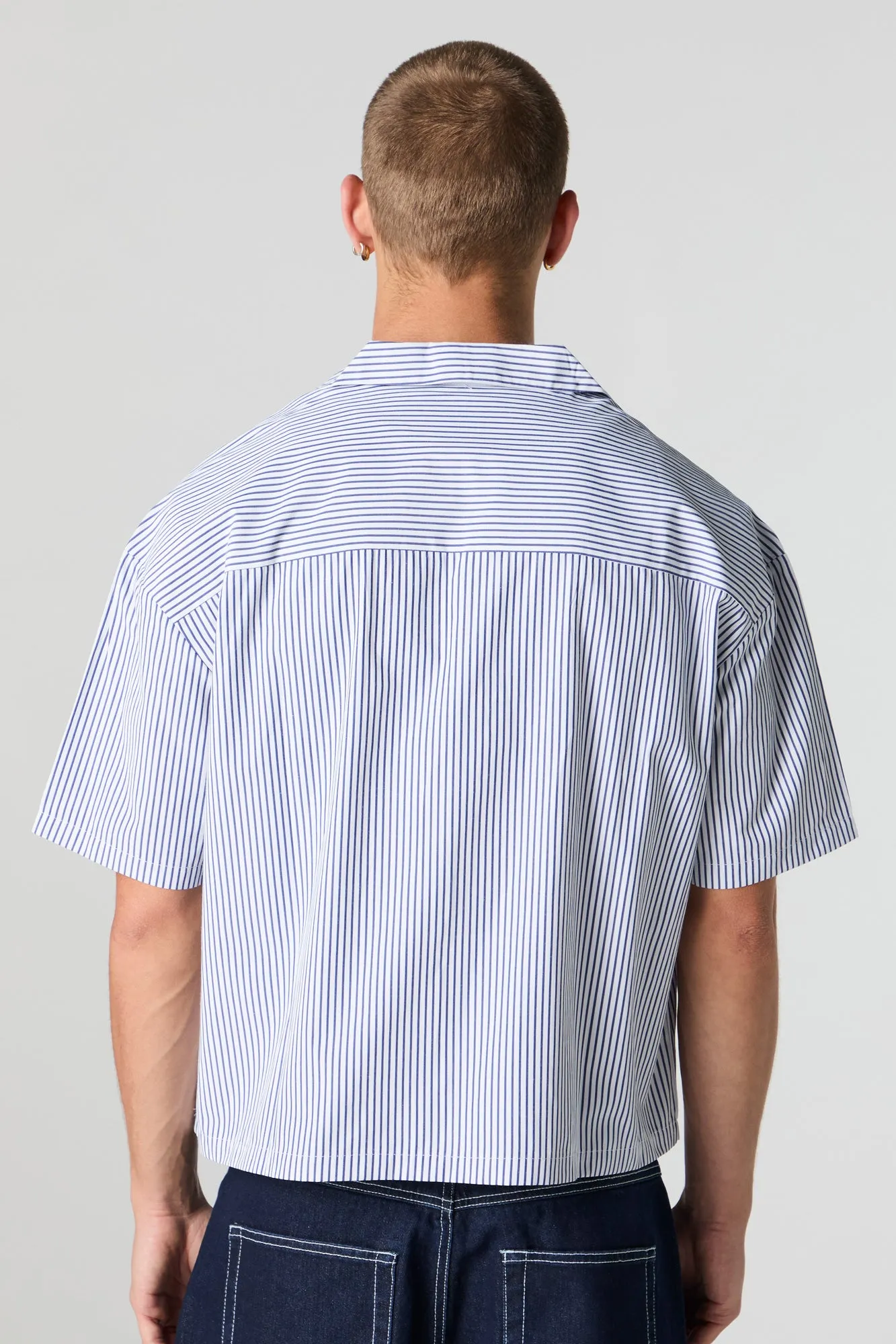 Pinstriped Boxy Short Sleeve Button-Up Top