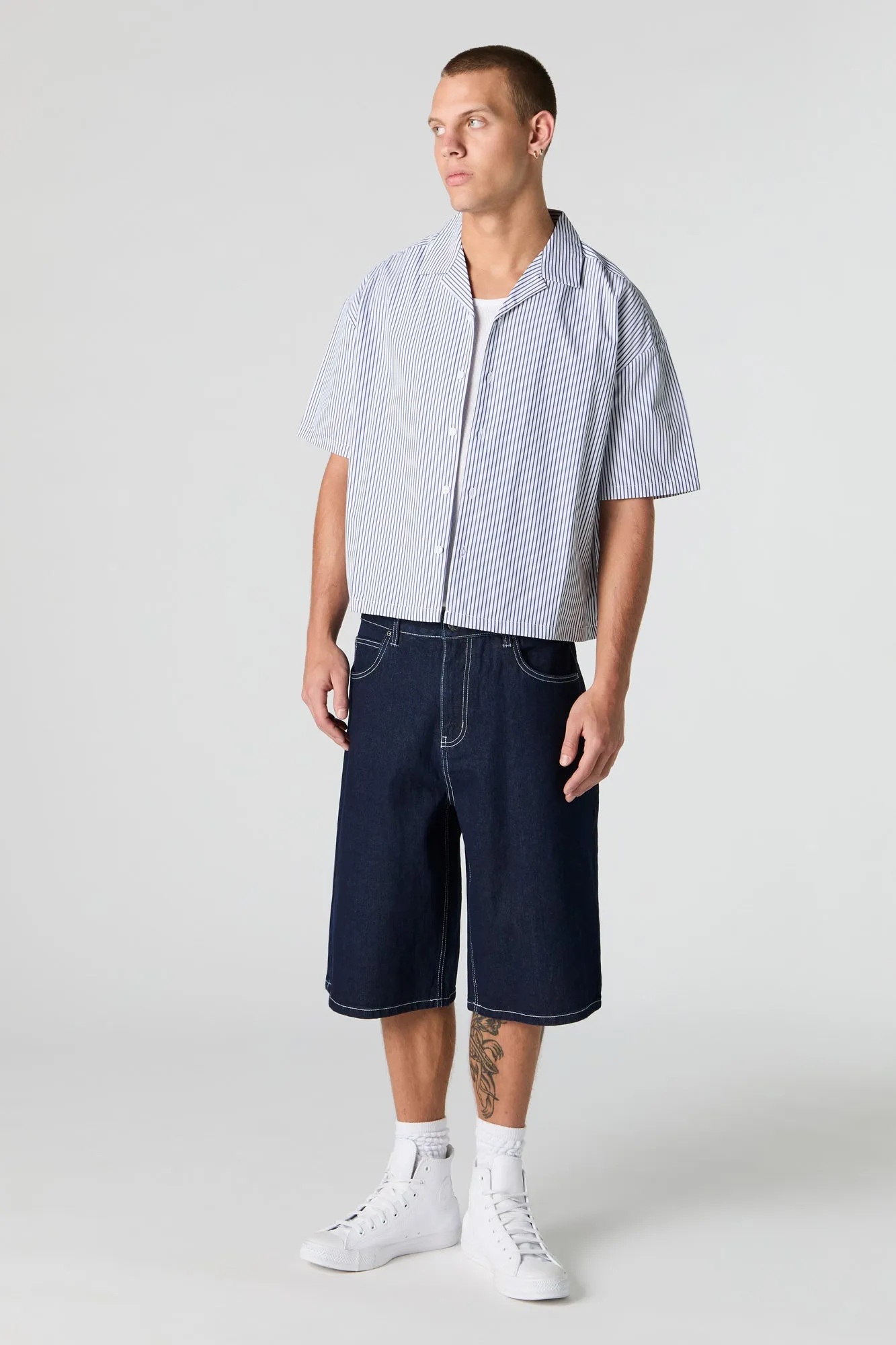 Pinstriped Boxy Short Sleeve Button-Up Top