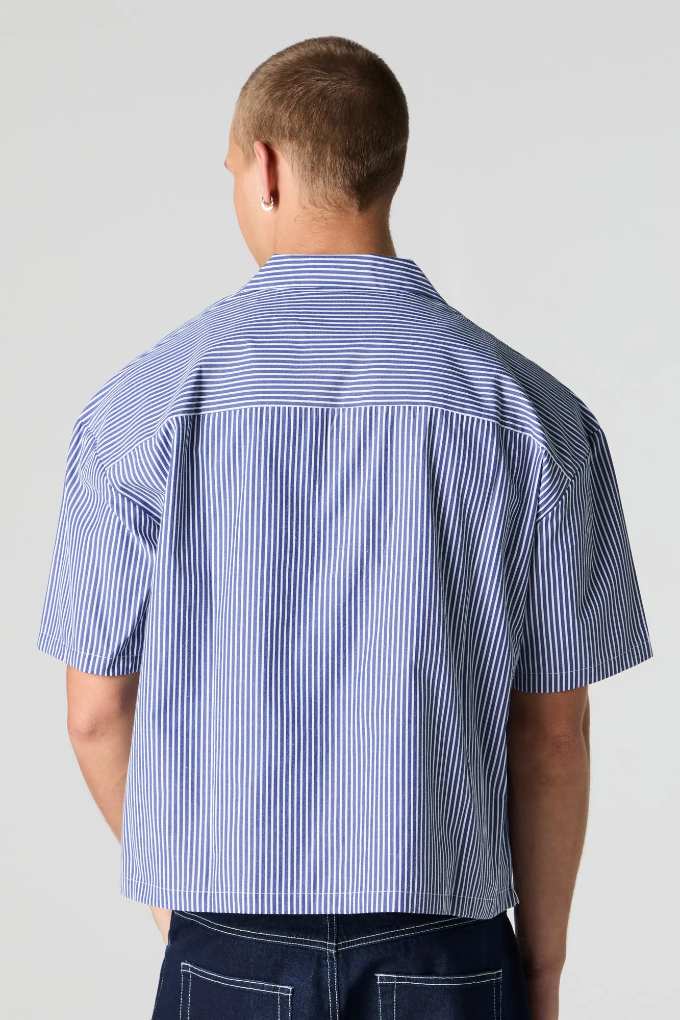 Pinstriped Boxy Short Sleeve Button-Up Top