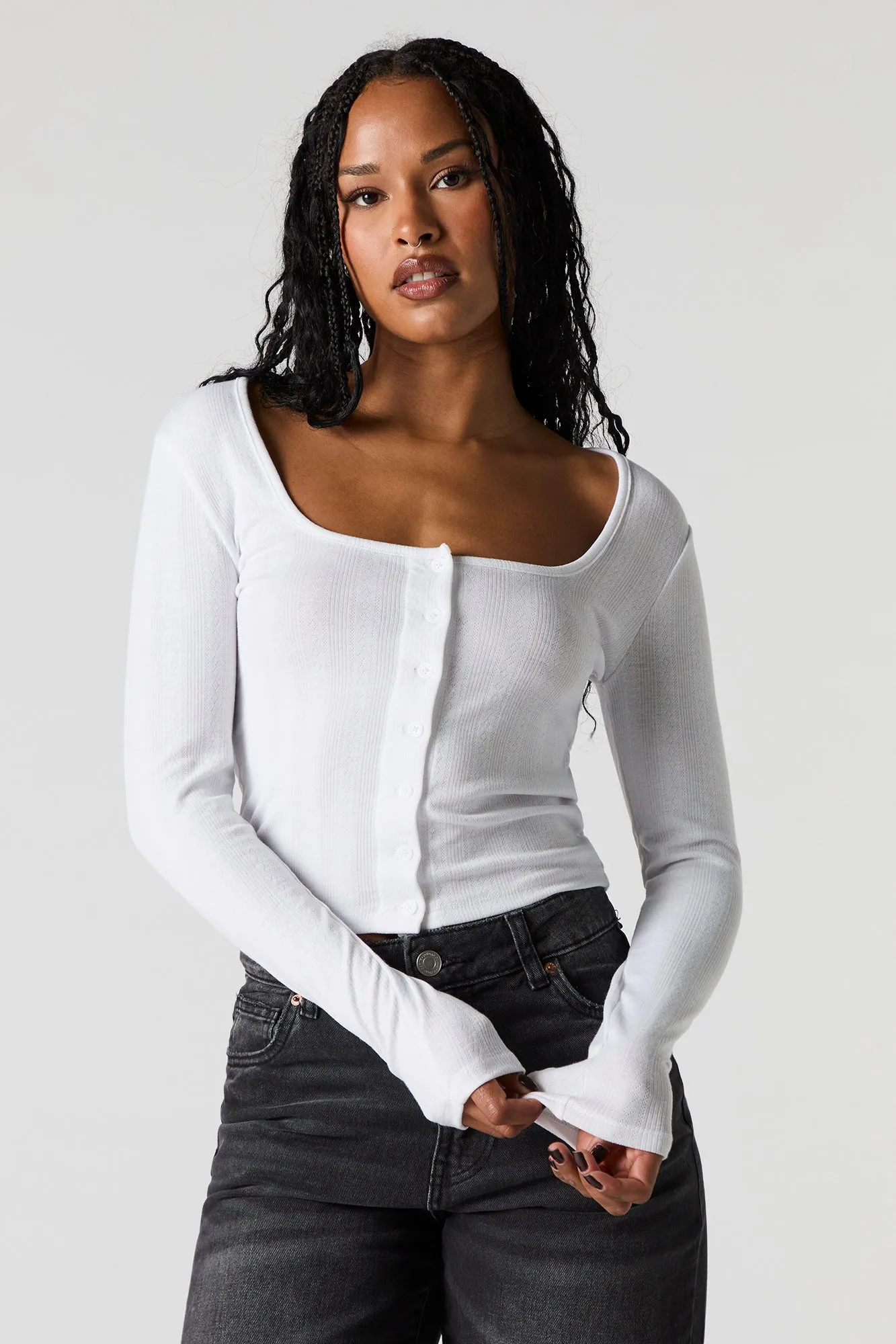 Pointelle Knit Button Front Long Sleeve Top