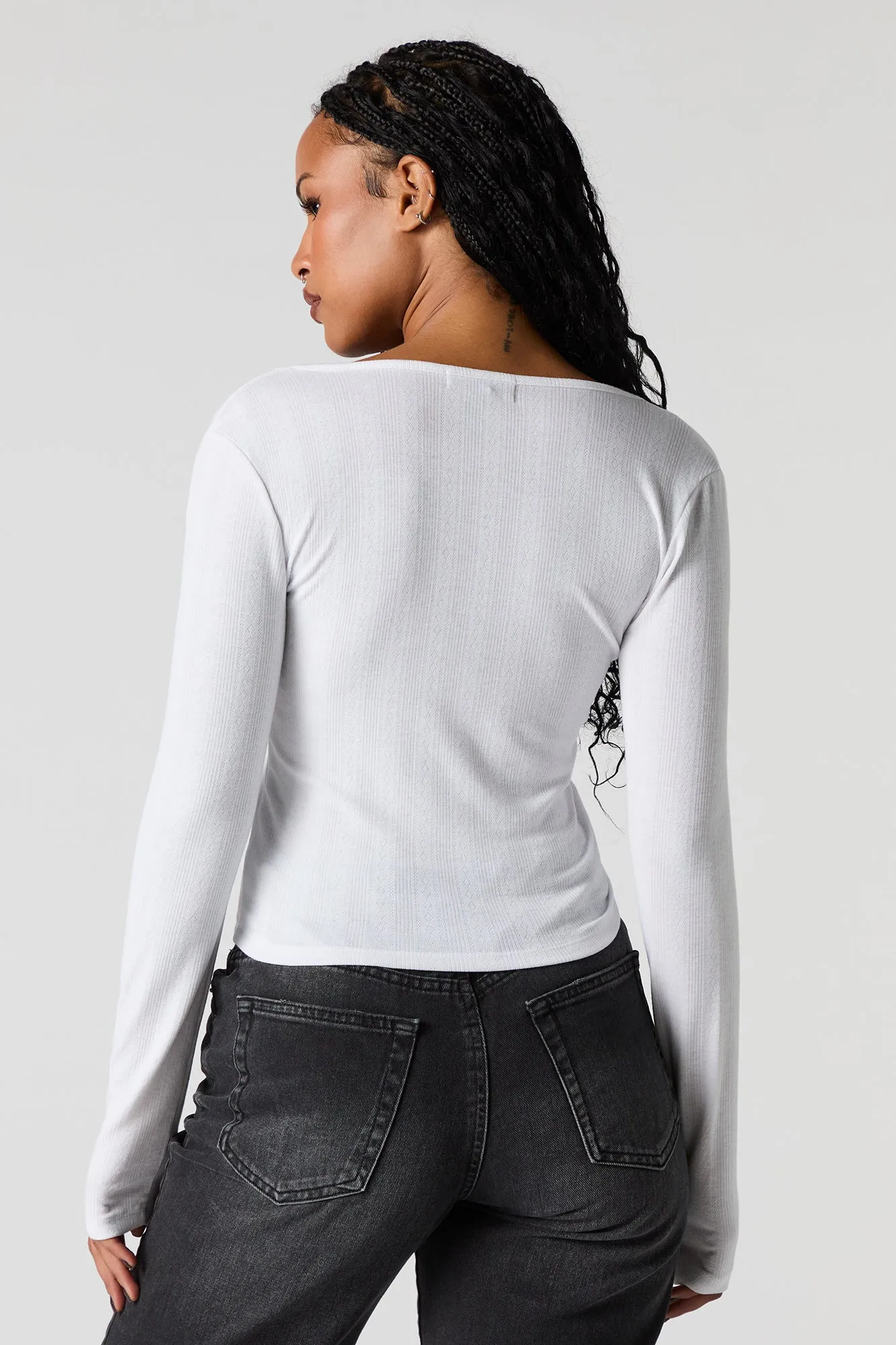 Pointelle Knit Button Front Long Sleeve Top