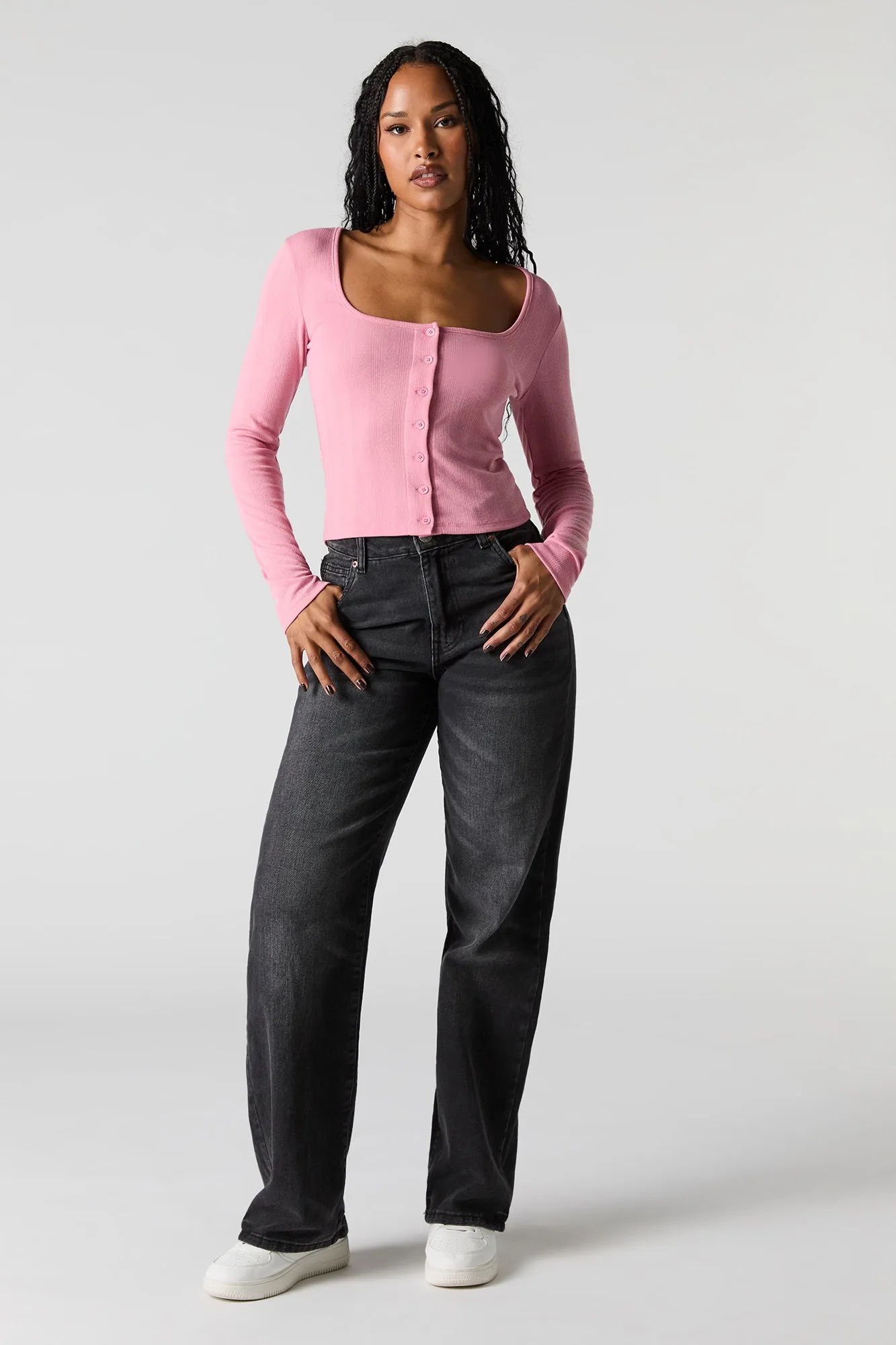 Pointelle Knit Button Front Long Sleeve Top