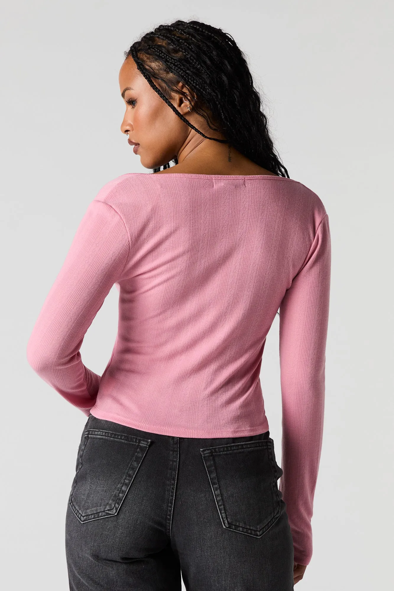 Pointelle Knit Button Front Long Sleeve Top