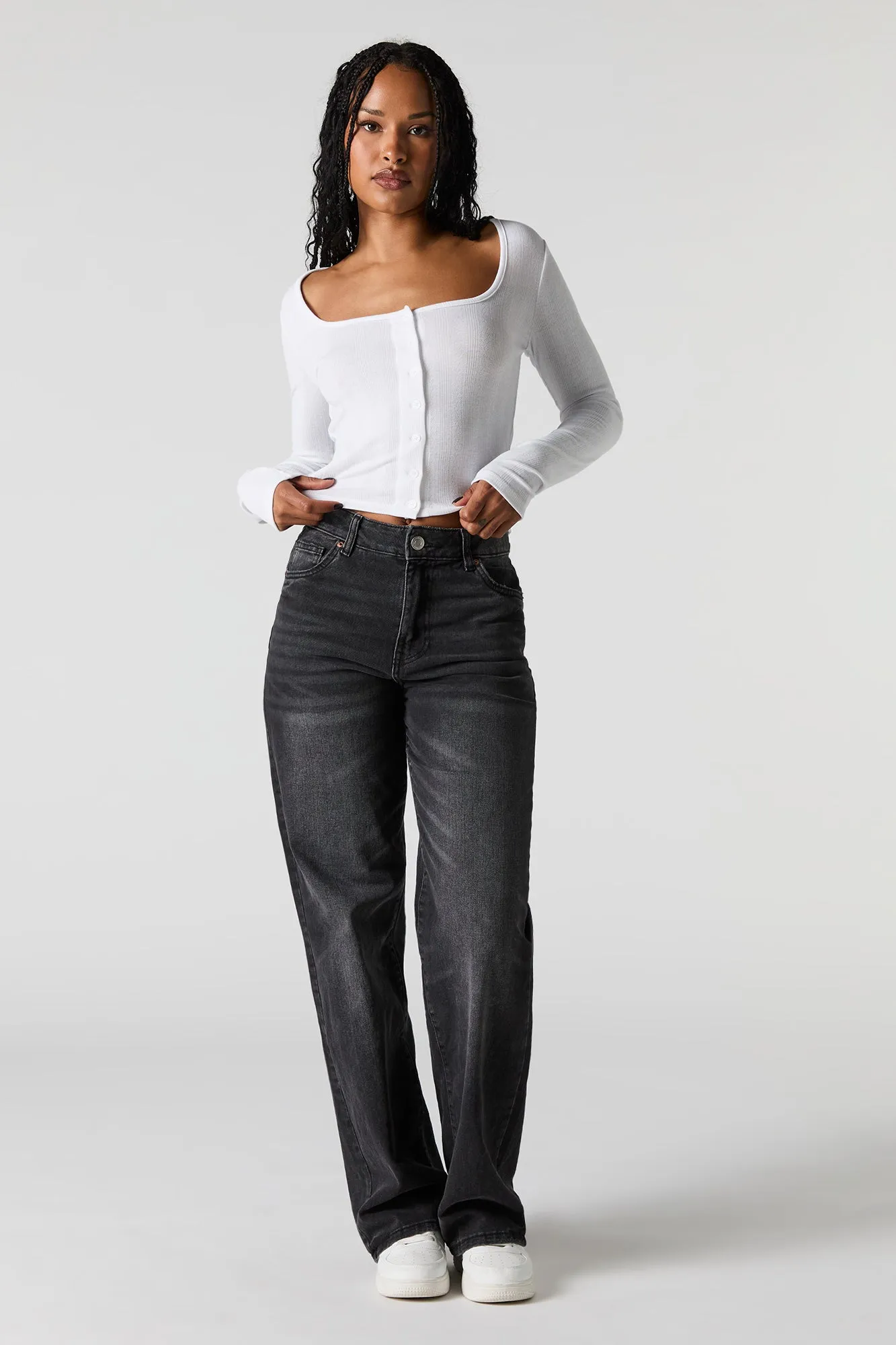 Pointelle Knit Button Front Long Sleeve Top