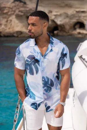 Printed Shirt in Blue Blurred Palm Leaves