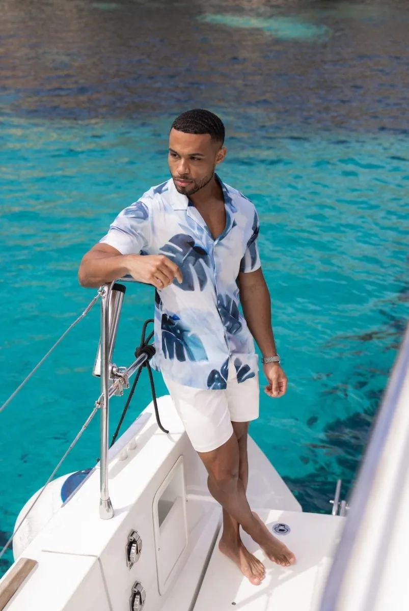 Printed Shirt in Blue Blurred Palm Leaves
