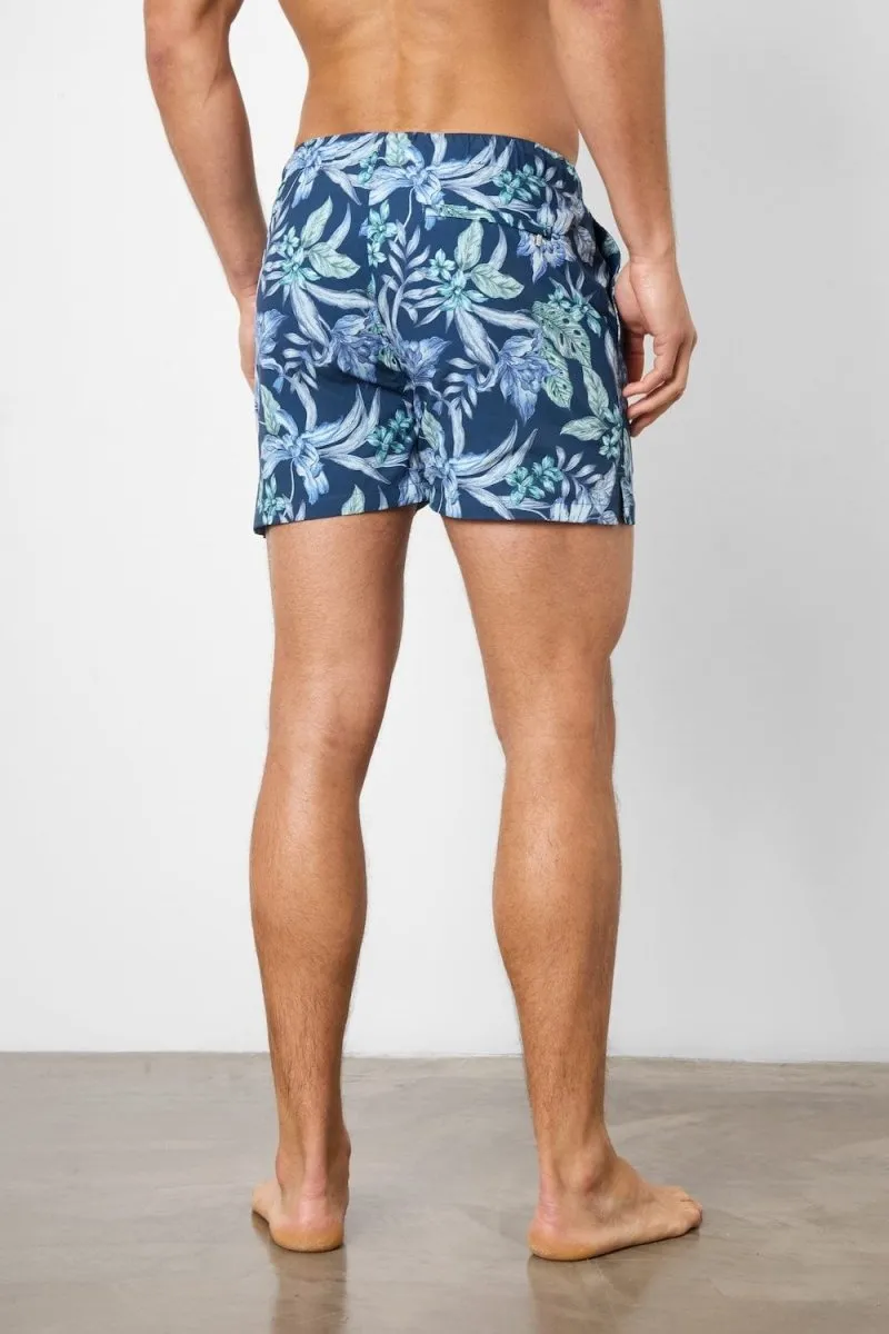 Printed Swim Short In Navy/Aqua Tropical Floral