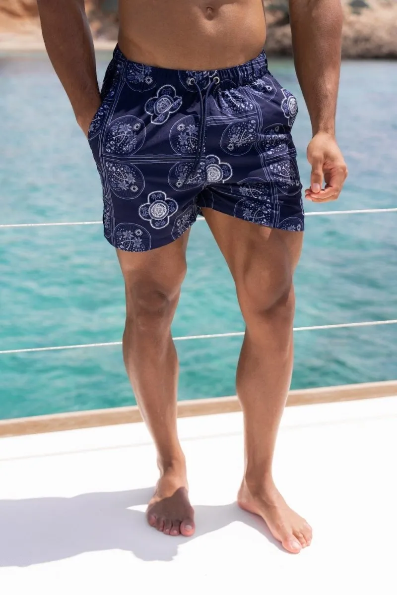 Printed Swim Shorts in Navy/White Paisley Palm