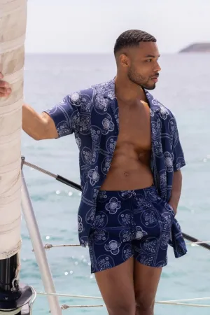 Printed Swim Shorts in Navy/White Paisley Palm