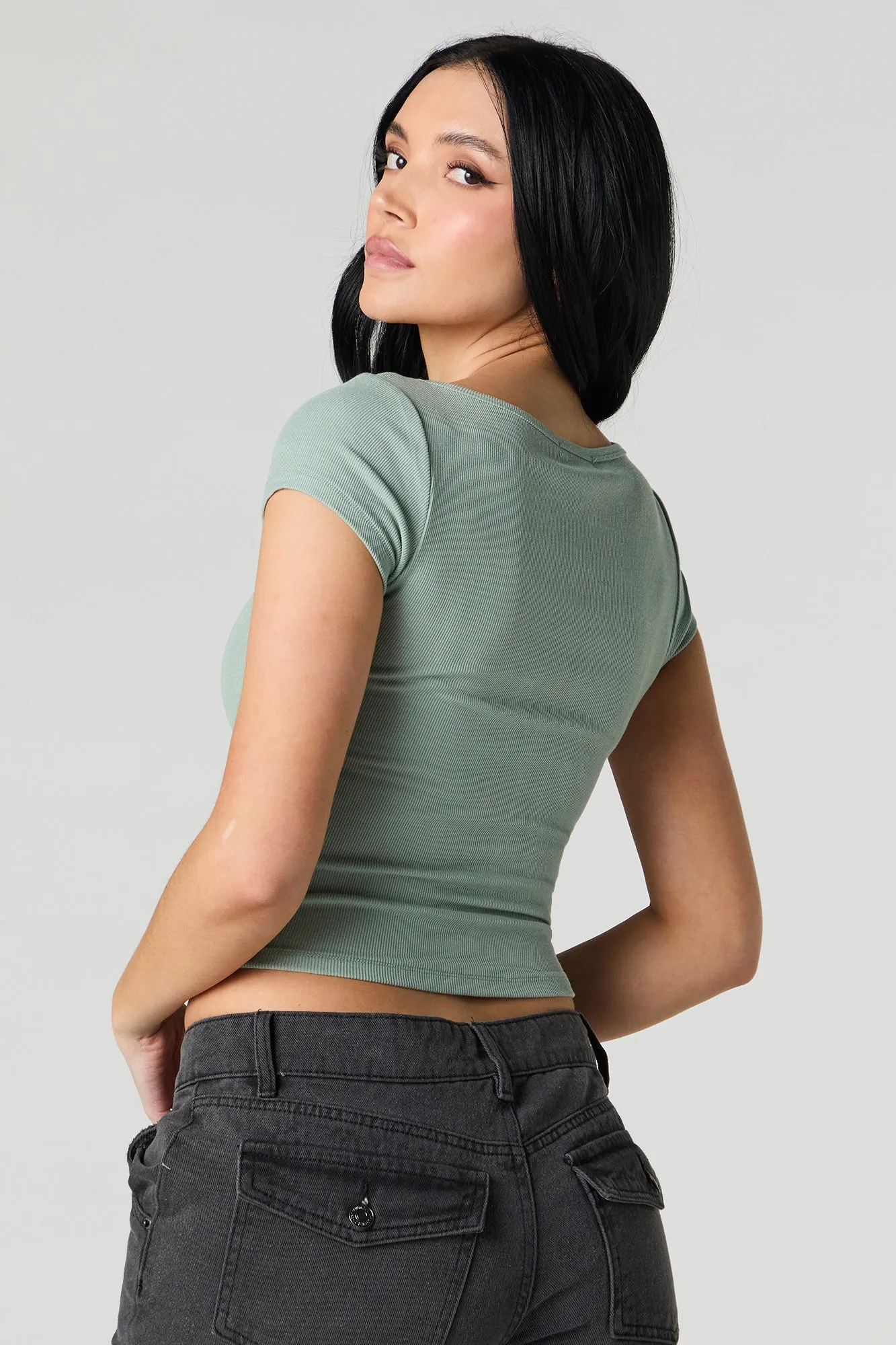 Ribbed Button Front T-Shirt