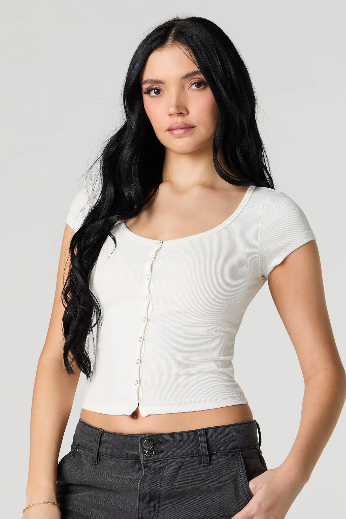 Ribbed Button Front T-Shirt