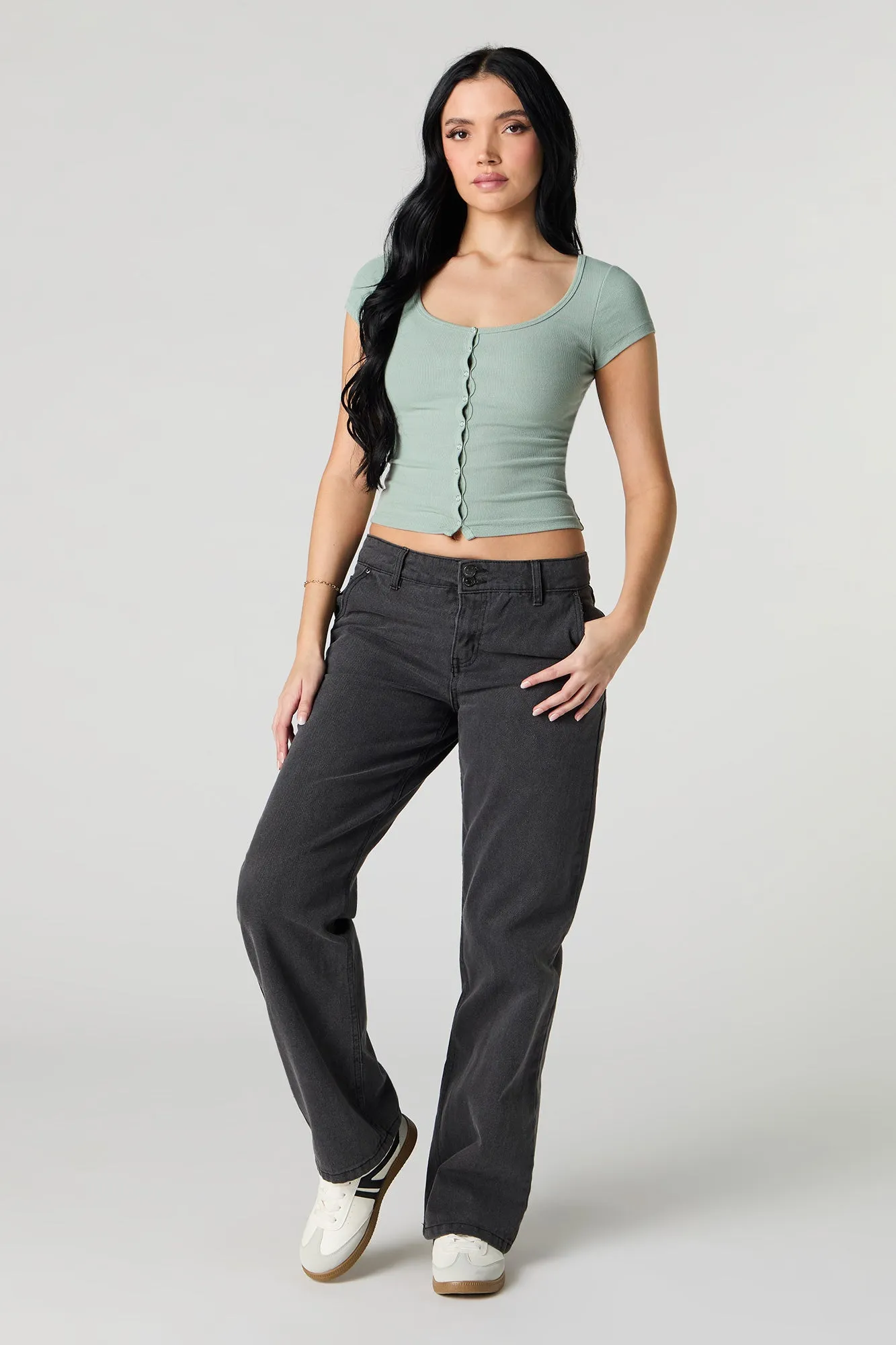 Ribbed Button Front T-Shirt