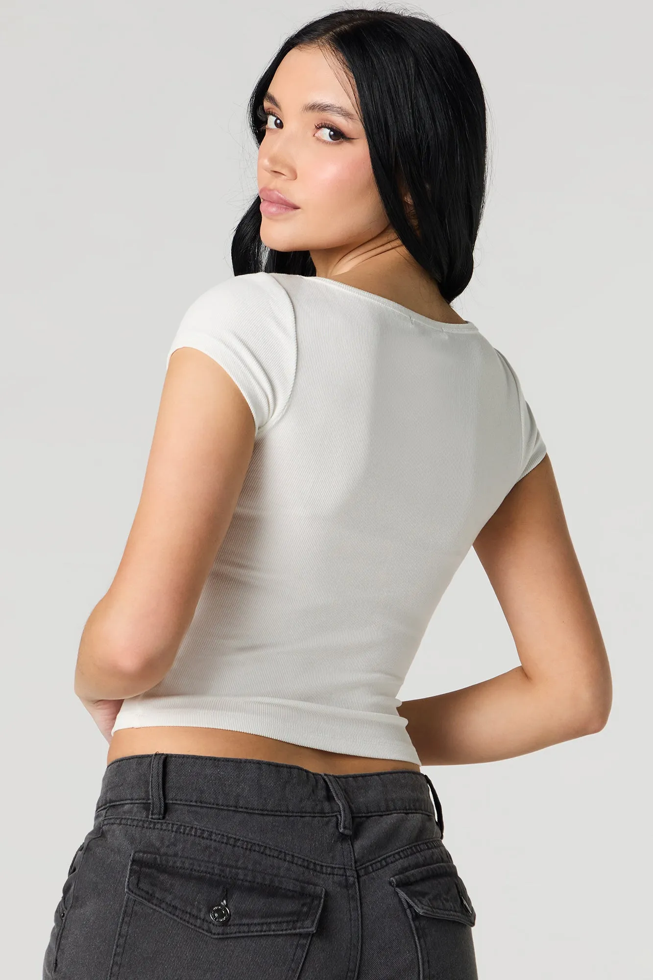 Ribbed Button Front T-Shirt