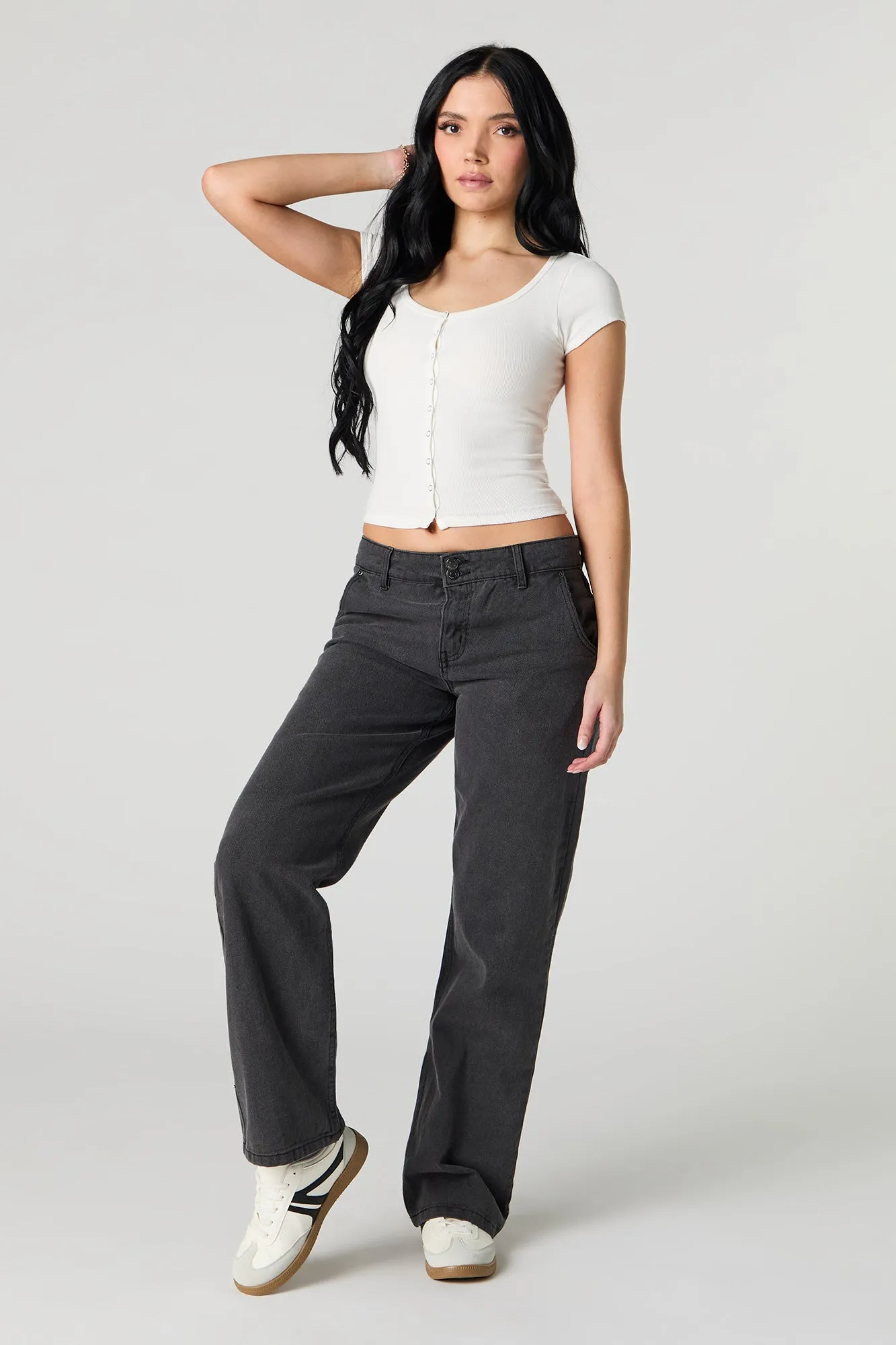 Ribbed Button Front T-Shirt