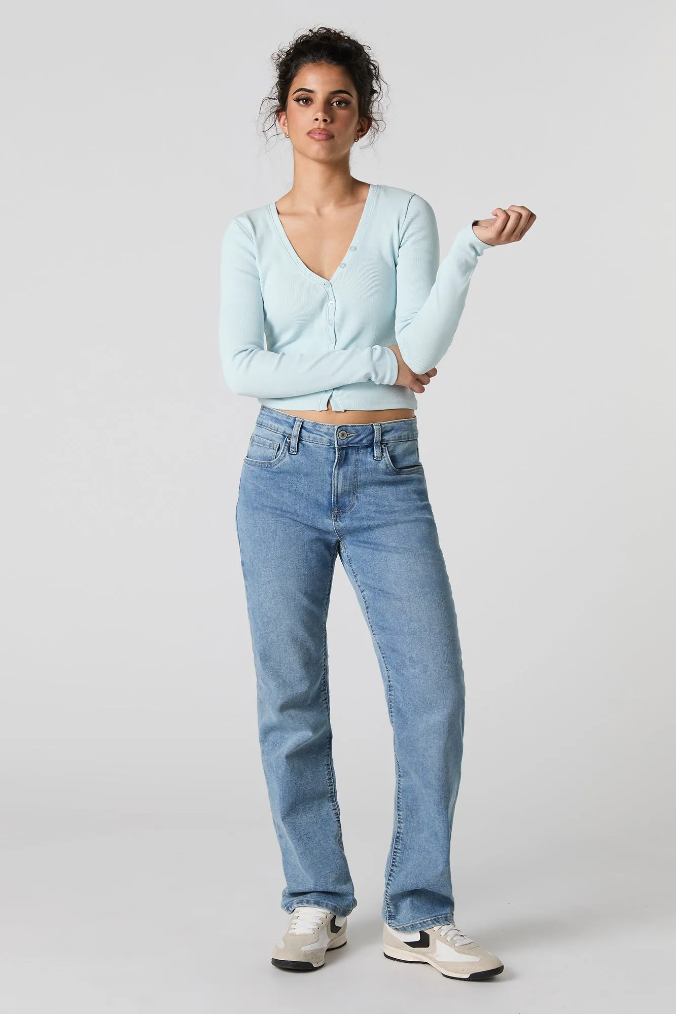 Ribbed V-Neck Button-Up Long Sleeve Top