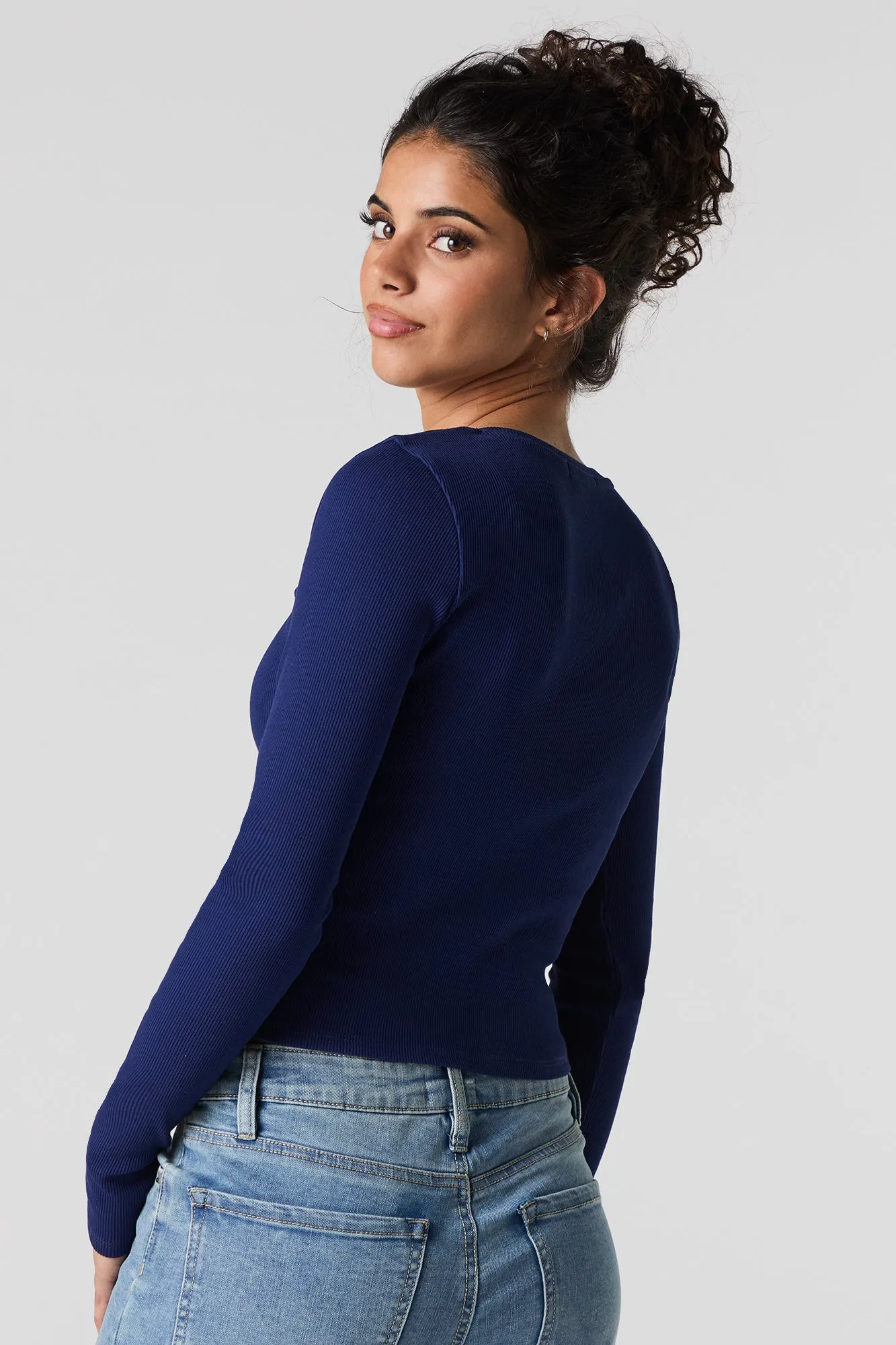 Ribbed V-Neck Button-Up Long Sleeve Top