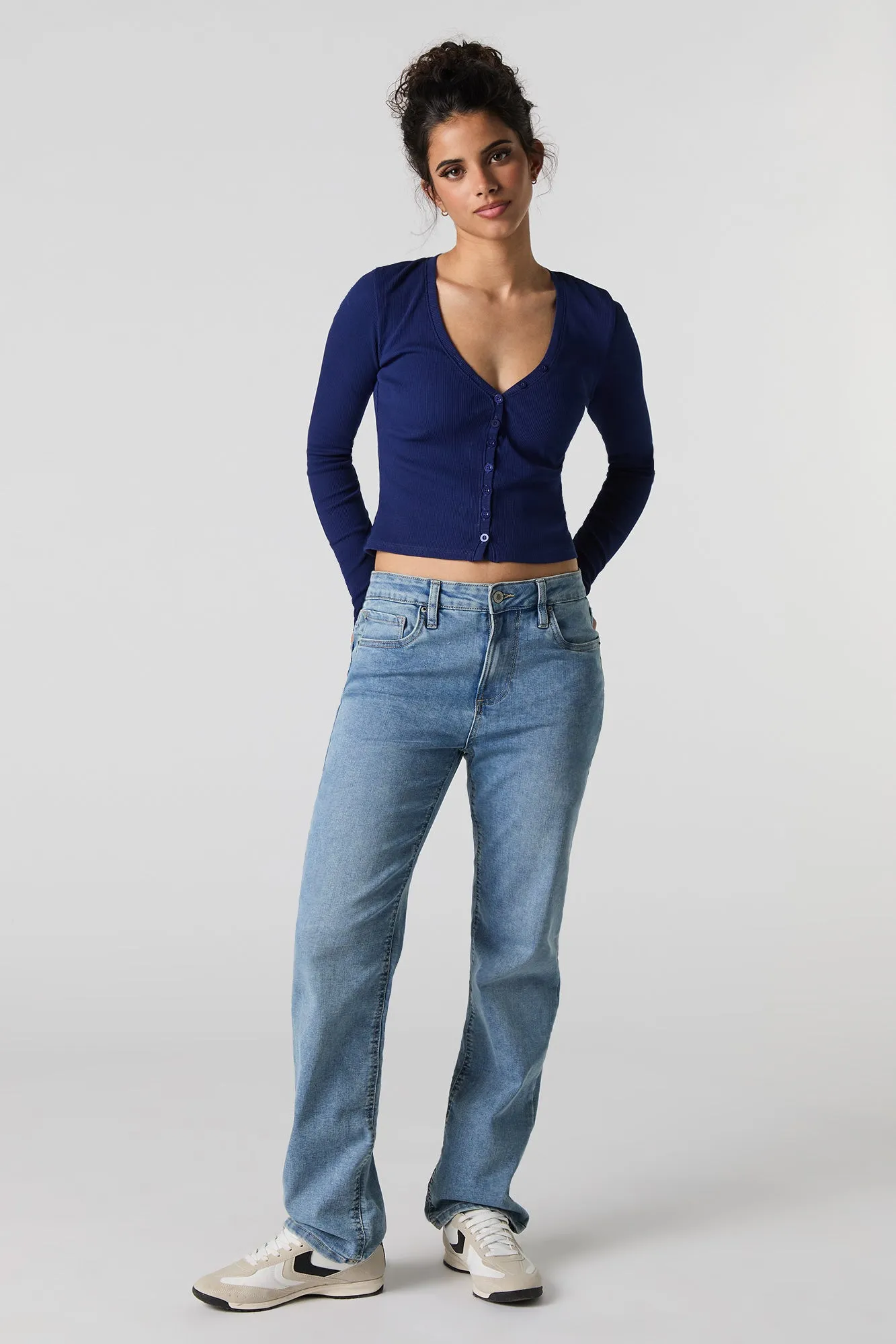Ribbed V-Neck Button-Up Long Sleeve Top