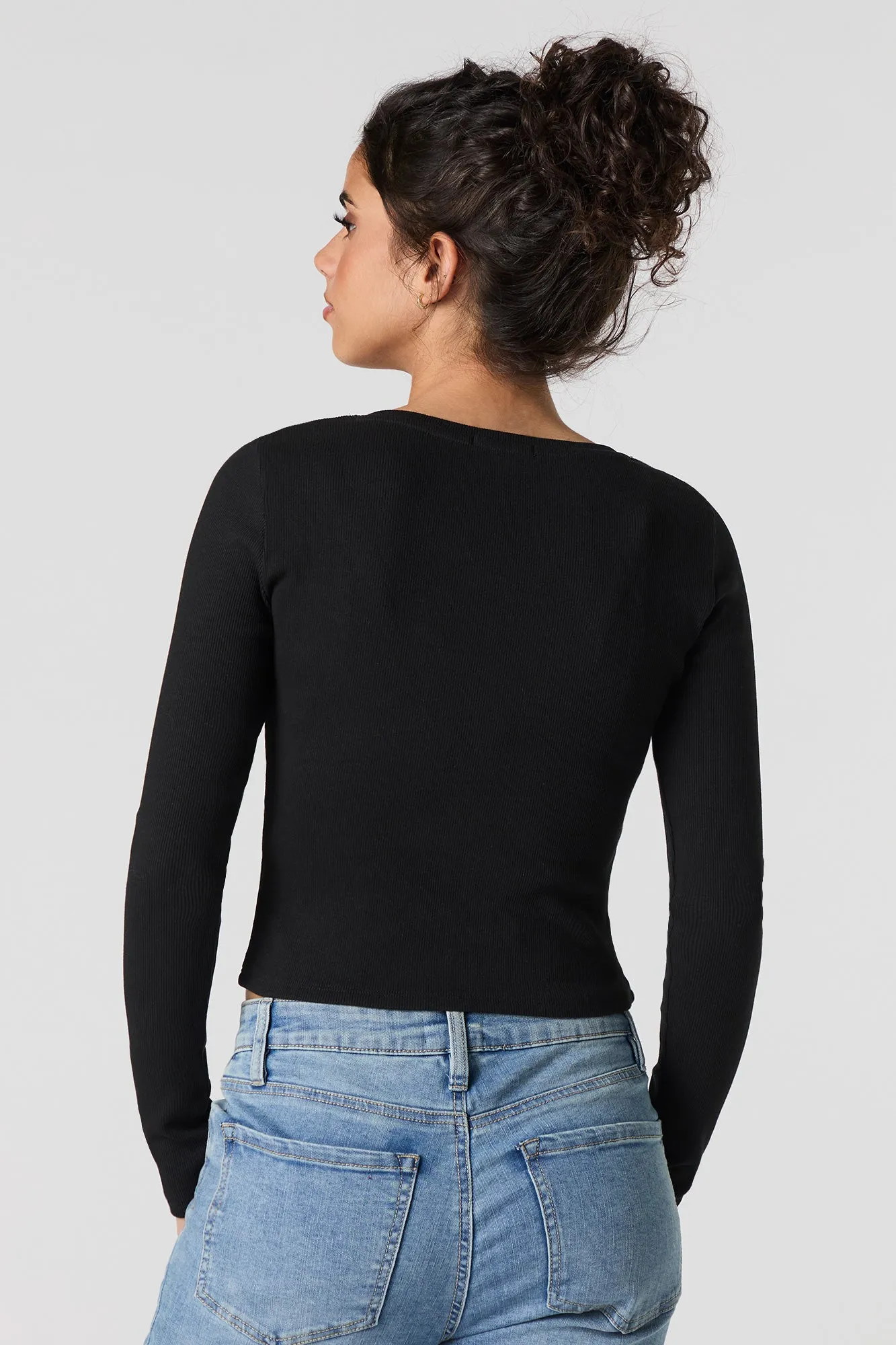 Ribbed V-Neck Button-Up Long Sleeve Top